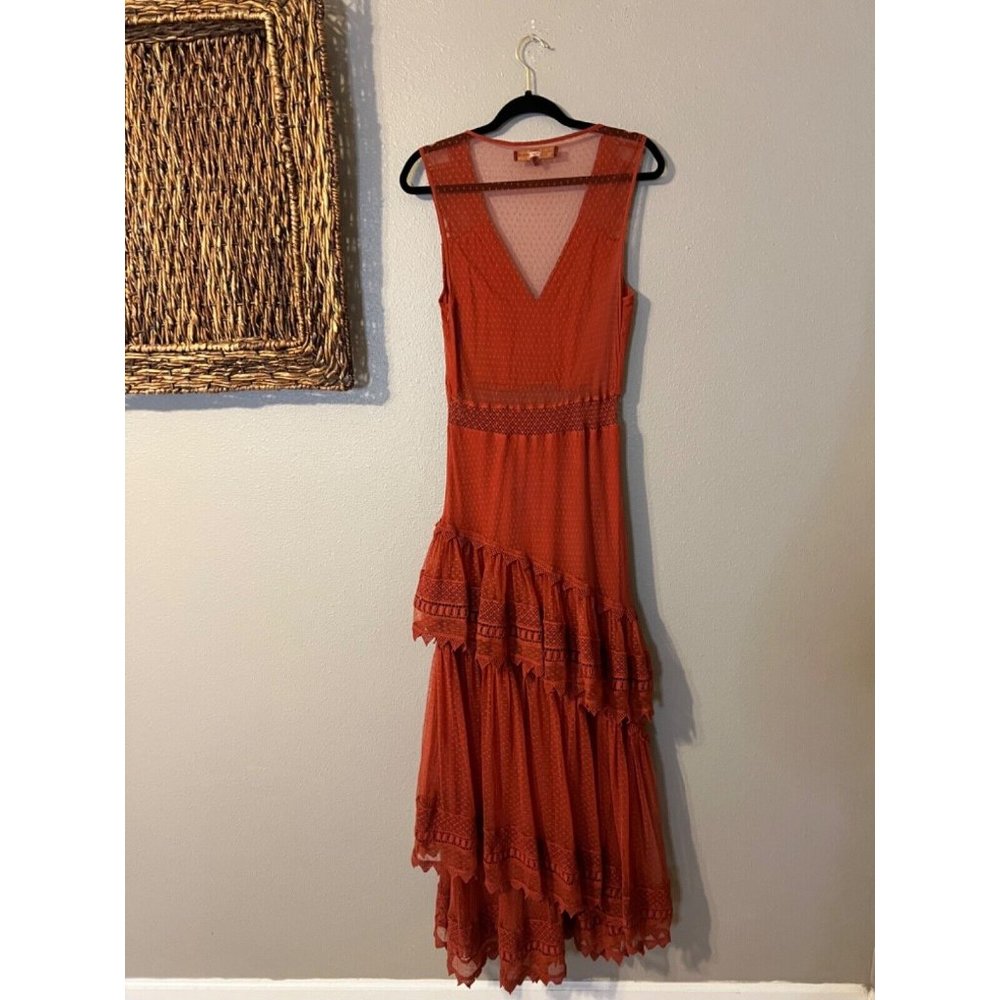 House of Harlow Sheer Tiered Maxi Dress M Medium Burnt Orange Festival - Picture 11 of 15